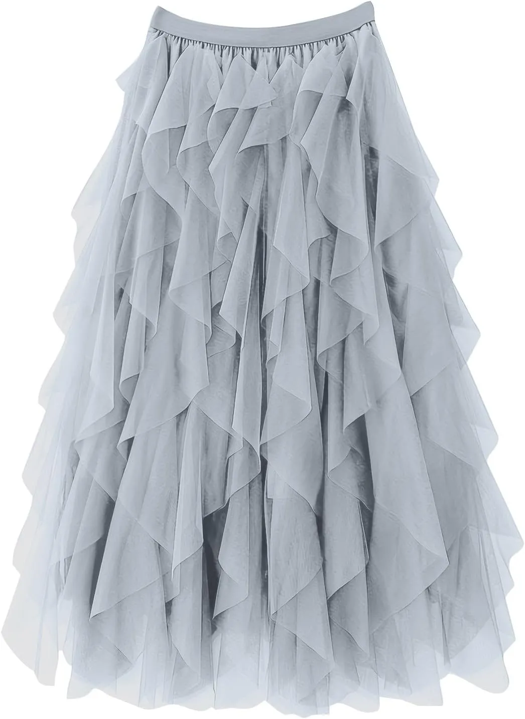 Women's Tulle Midi Skirt Elastic High Waist Flowy Pleated Skirts A line Swing Irregular Layered Mesh Fairy Tutu Skirt