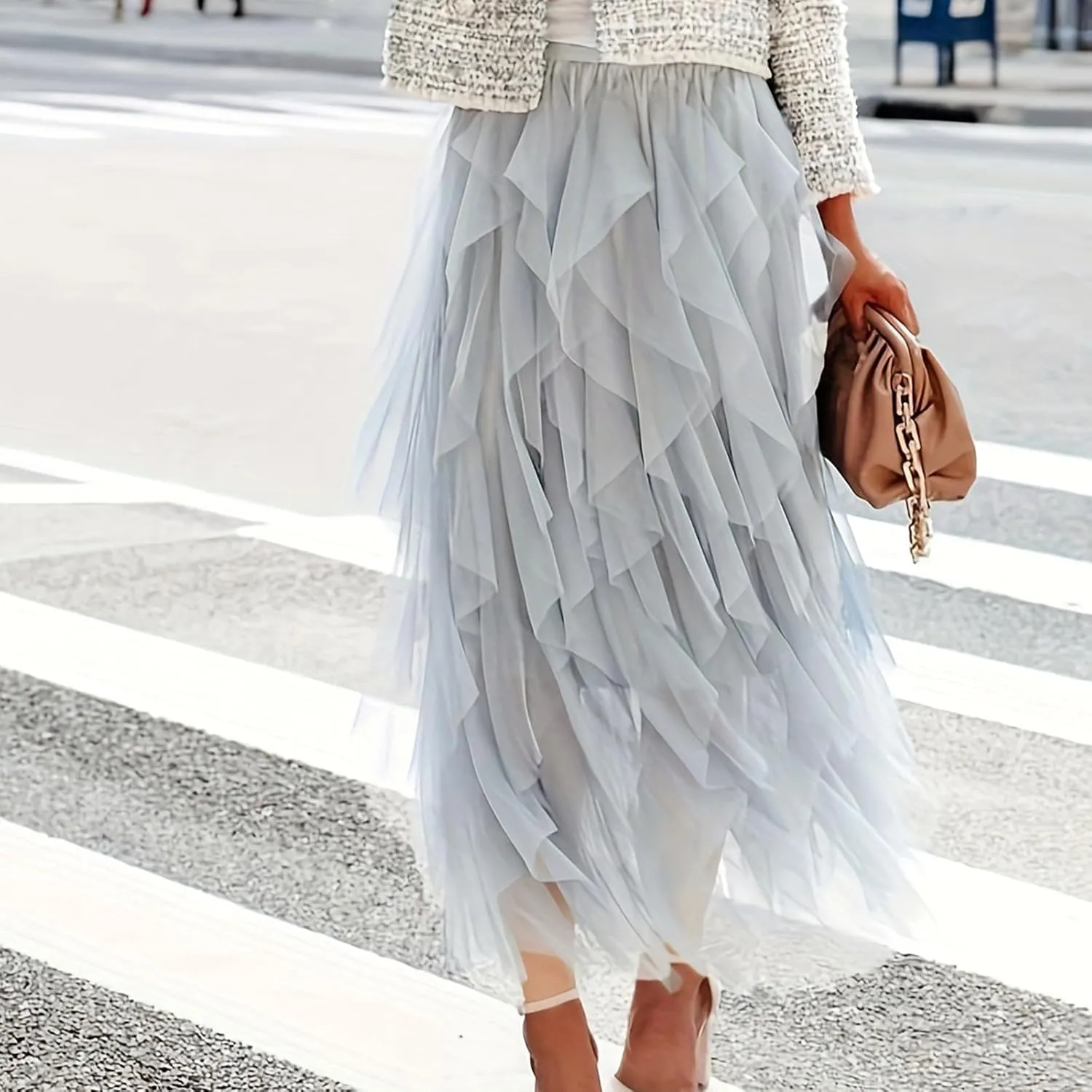 Women's Tulle Midi Skirt Elastic High Waist Flowy Pleated Skirts A line Swing Irregular Layered Mesh Fairy Tutu Skirt
