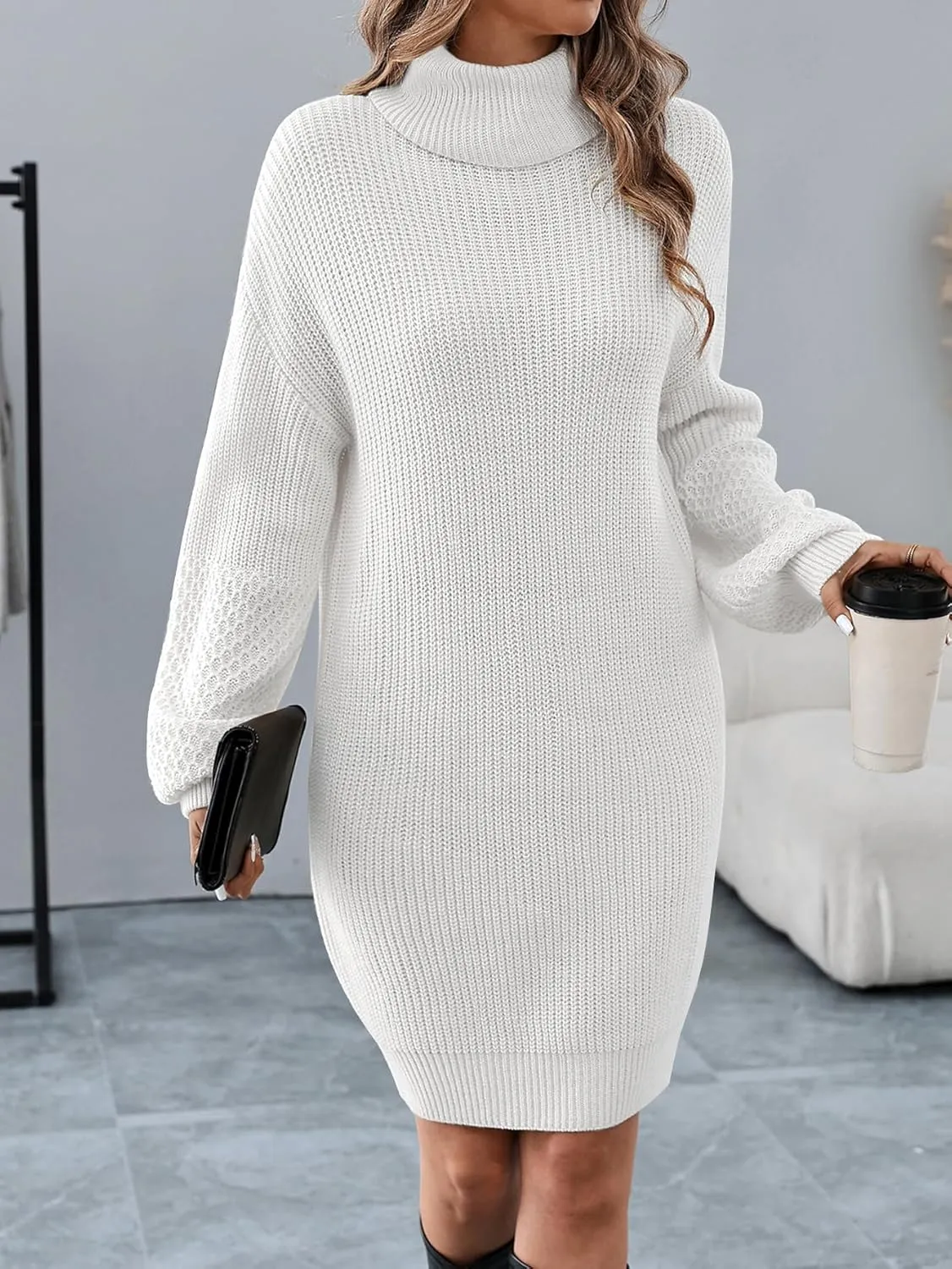 Women's Turtleneck Textured Lantern Sleeve Ribbed Knit Mini Dress Pullover Oversized Sweater Dresses S-XL