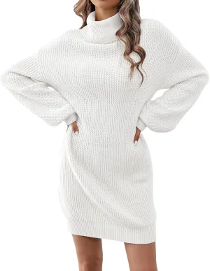 Women's Turtleneck Textured Lantern Sleeve Ribbed Knit Mini Dress Pullover Oversized Sweater Dresses S-XL