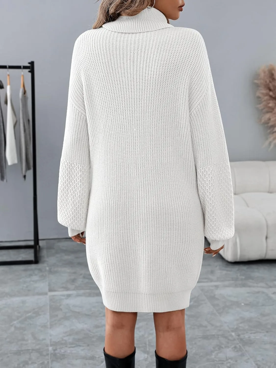 Women's Turtleneck Textured Lantern Sleeve Ribbed Knit Mini Dress Pullover Oversized Sweater Dresses S-XL