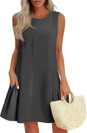Women's Vacation Outfits 2025 Sleeveless Round Neck Tank Ruffle Loose Mini Sundresses with Pocket, S-2XL
