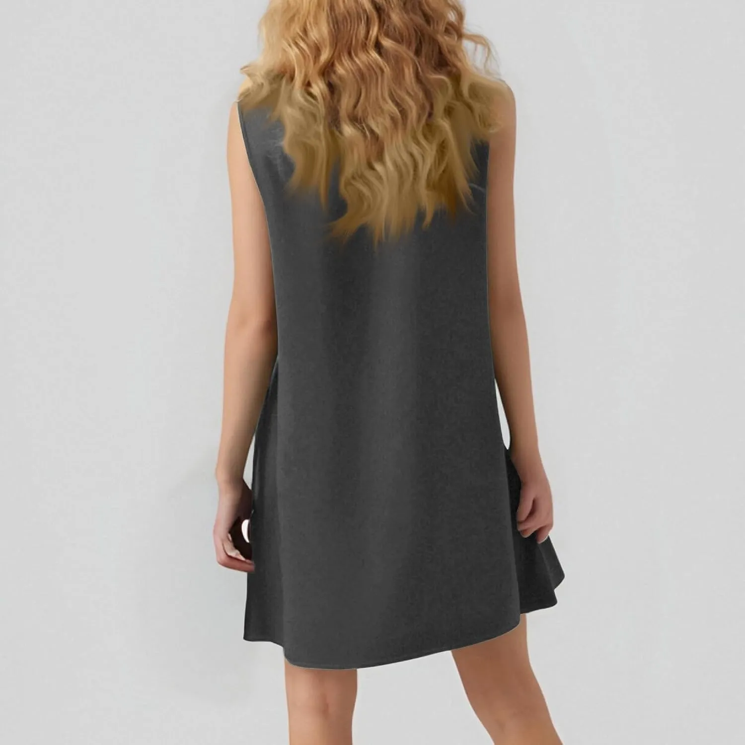 Women's Vacation Outfits 2025 Sleeveless Round Neck Tank Ruffle Loose Mini Sundresses with Pocket, S-2XL