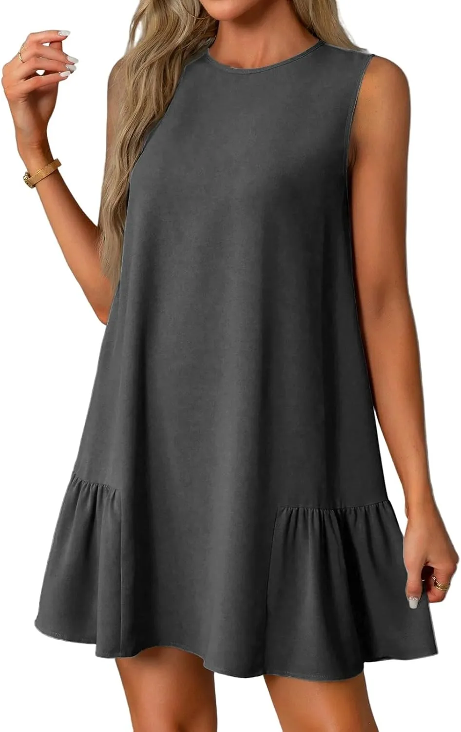 Women's Vacation Outfits 2025 Sleeveless Round Neck Tank Ruffle Loose Mini Sundresses with Pocket, S-2XL