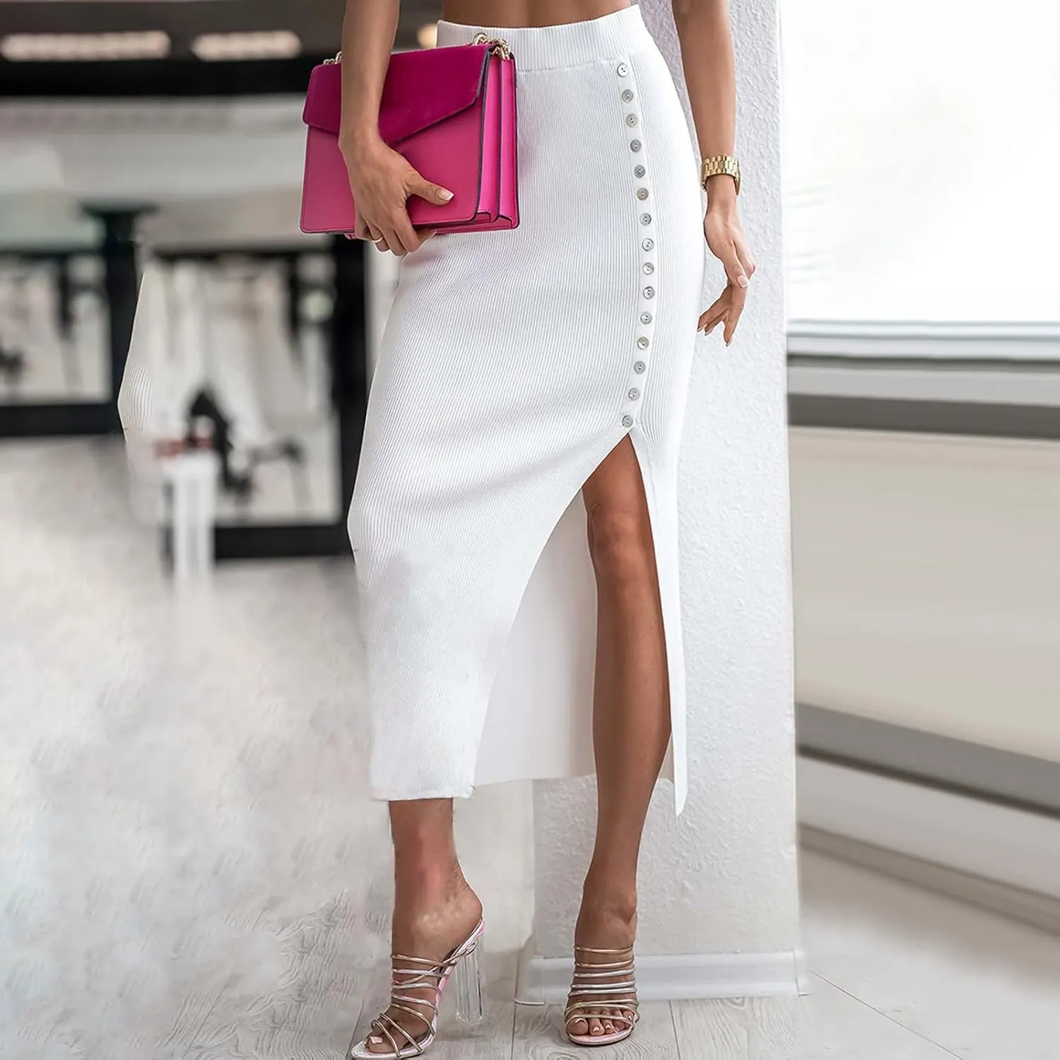 Work Skirts for Women Office High Waisted Wrap Skirt Side Slit Button Decor Elegant Sexy Midi Skirt for Business