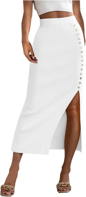 Work Skirts for Women Office High Waisted Wrap Skirt Side Slit Button Decor Elegant Sexy Midi Skirt for Business