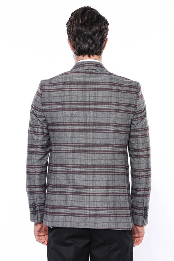 WSS Slim-Fit Checked Burgundy Men Blazer  - Singen