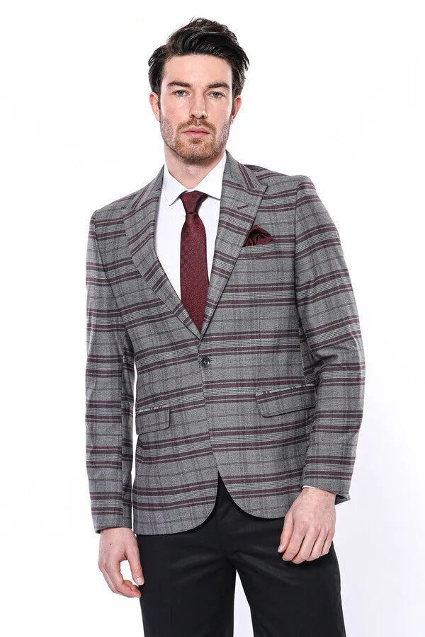 WSS Slim-Fit Checked Burgundy Men Blazer  - Singen