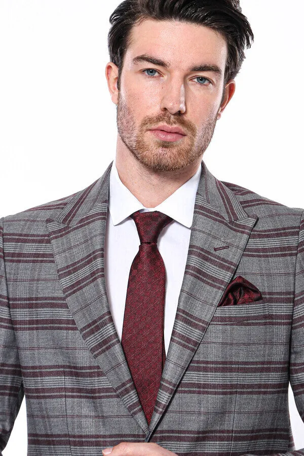 WSS Slim-Fit Checked Burgundy Men Blazer  - Singen