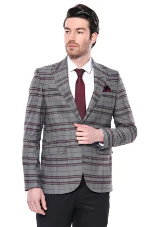WSS Slim-Fit Checked Burgundy Men Blazer  - Singen
