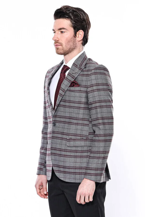 WSS Slim-Fit Checked Burgundy Men Blazer  - Singen