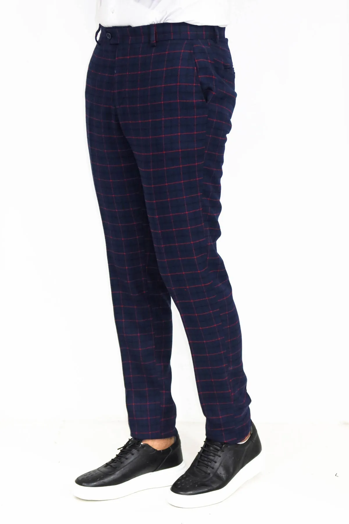WSS Slim Fit Checked Navy Blue Men Pants  - Singen