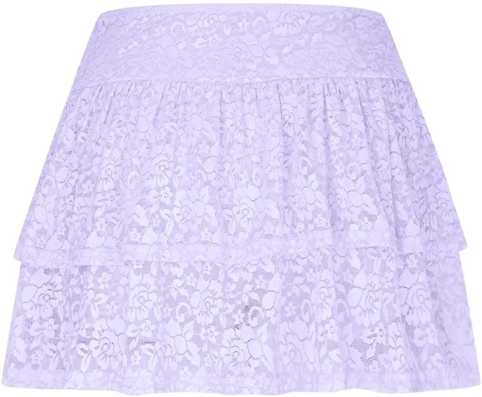 Y2K Lace Mini Skirt for Women Pleated Layered Flowy Skirt Sexy Lace High Waisted Ruffles Lingerie Short Skirts