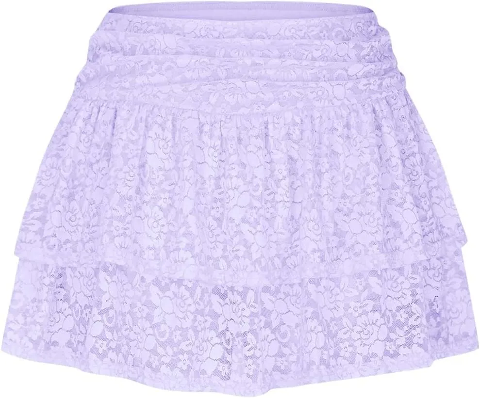 Y2K Lace Mini Skirt for Women Pleated Layered Flowy Skirt Sexy Lace High Waisted Ruffles Lingerie Short Skirts
