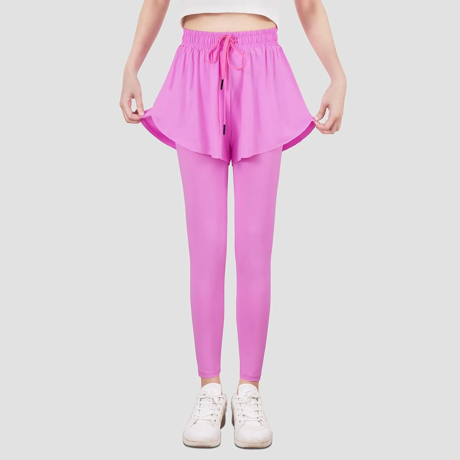Yoga Active Leggings for Girls 2 in 1 Preppy Kids Flowy Skorts Tight Yoga Pants Tennis Skirted Leggings with Pocket