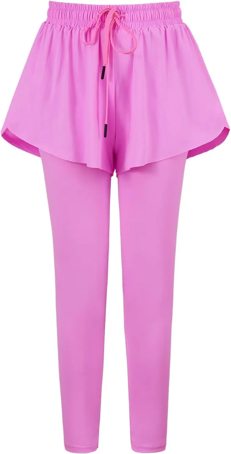 Yoga Active Leggings for Girls 2 in 1 Preppy Kids Flowy Skorts Tight Yoga Pants Tennis Skirted Leggings with Pocket