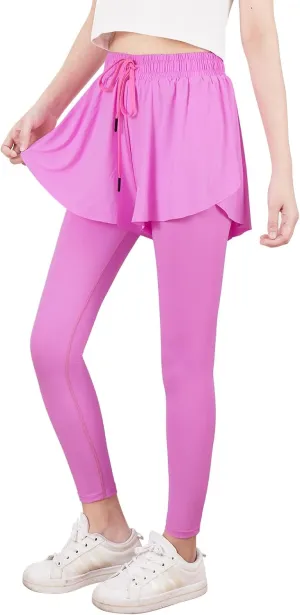 Yoga Active Leggings for Girls 2 in 1 Preppy Kids Flowy Skorts Tight Yoga Pants Tennis Skirted Leggings with Pocket