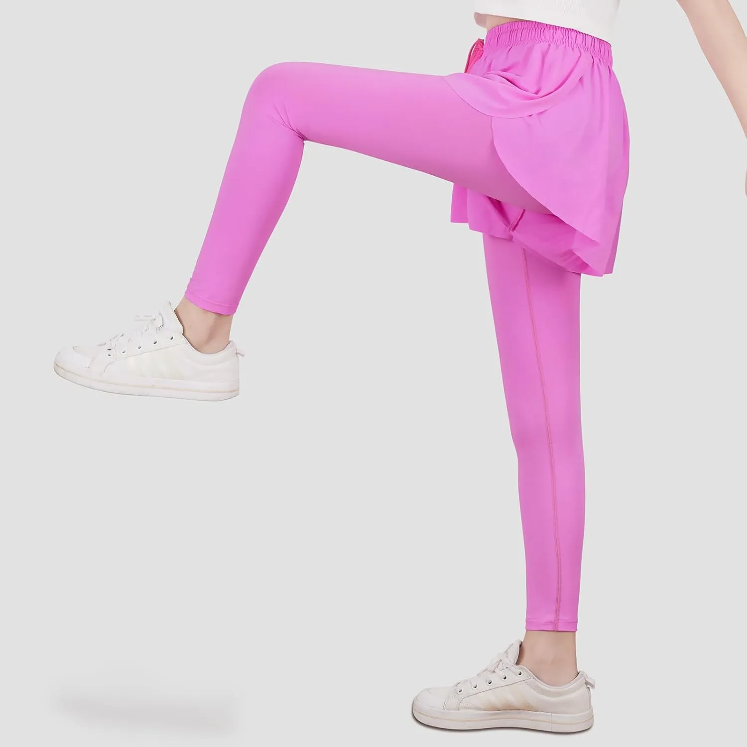 Yoga Active Leggings for Girls 2 in 1 Preppy Kids Flowy Skorts Tight Yoga Pants Tennis Skirted Leggings with Pocket