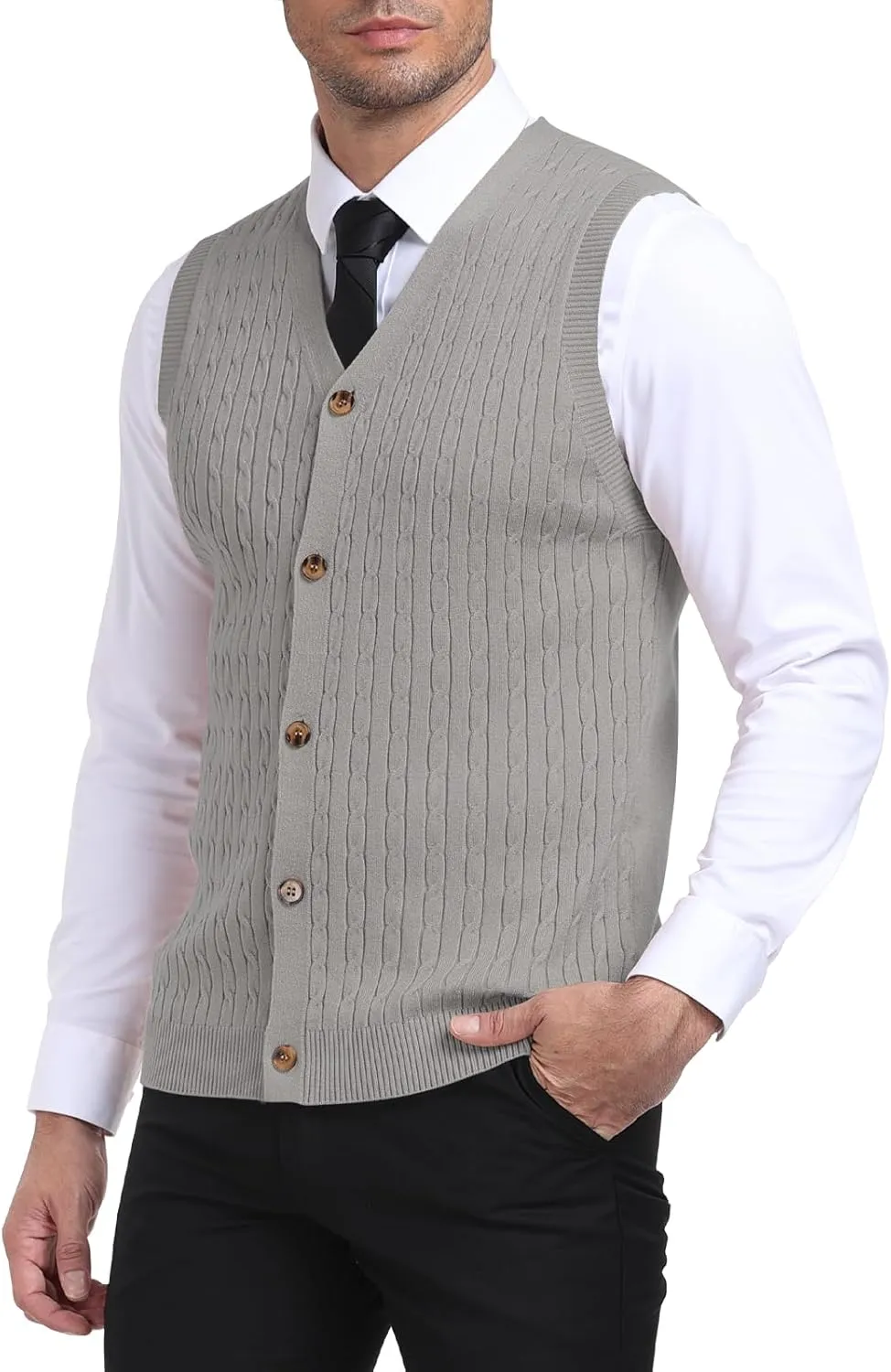 YTD Men's Sleeveless Sweater Vest V-Neck Casual Cable Knit Button Down Cardigan Vest
