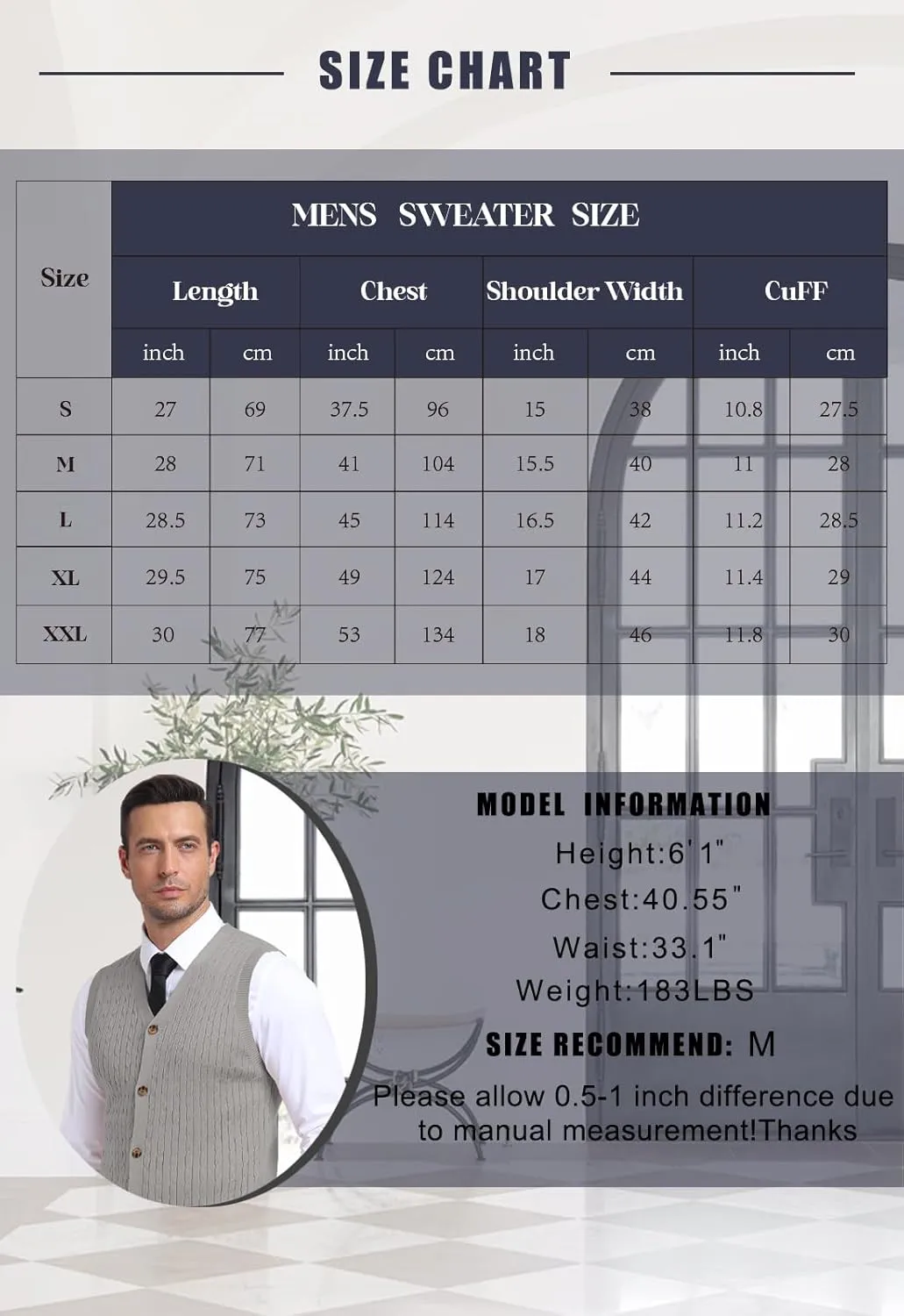 YTD Men's Sleeveless Sweater Vest V-Neck Casual Cable Knit Button Down Cardigan Vest