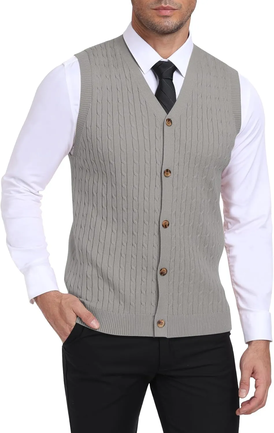 YTD Men's Sleeveless Sweater Vest V-Neck Casual Cable Knit Button Down Cardigan Vest