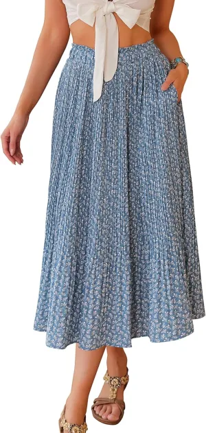 Zeagoo Women's Midi Skirts High Waisted Pleated A-Line Swing Skirts Summer Floral Long Skirts with Pockets