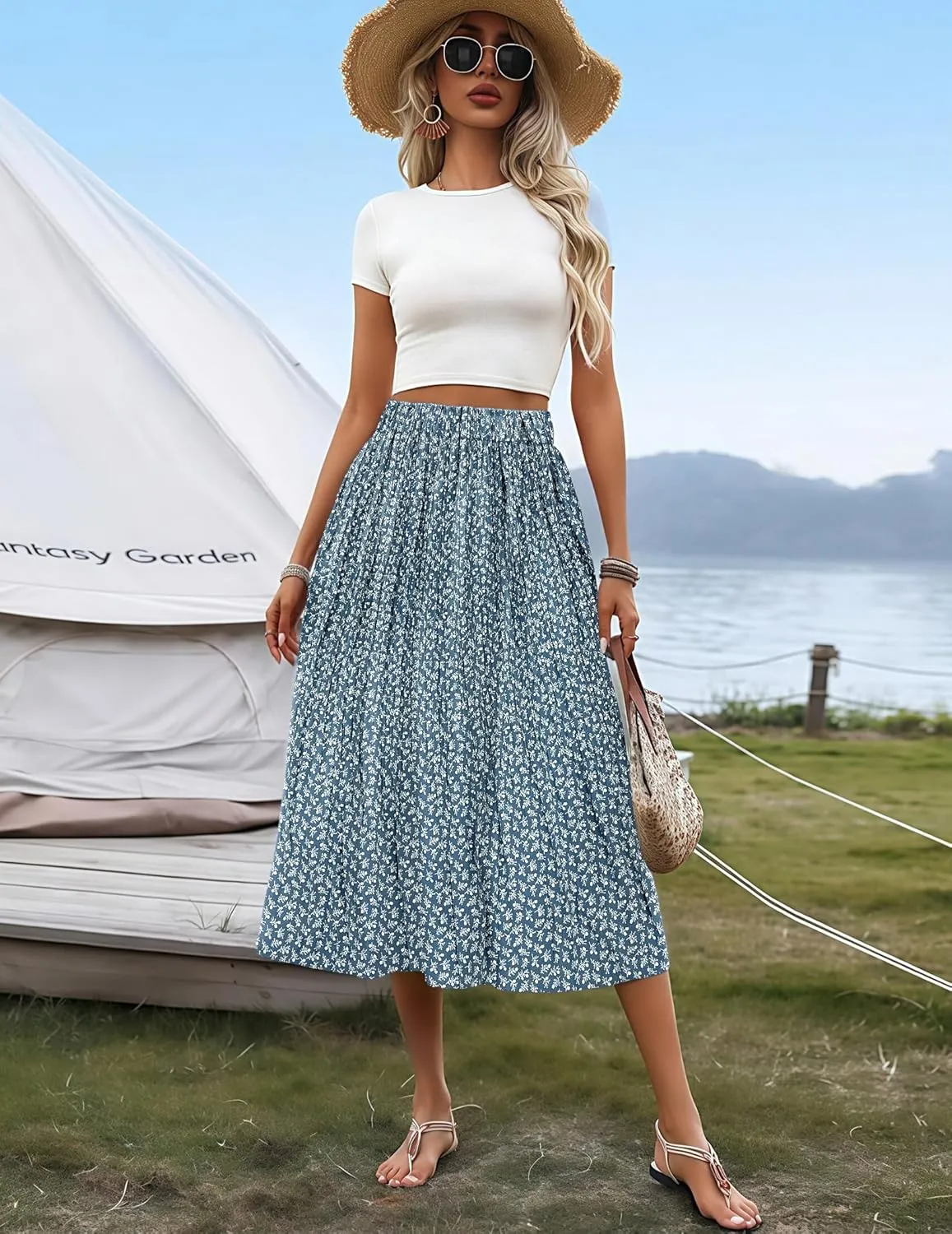 Zeagoo Women's Midi Skirts High Waisted Pleated A-Line Swing Skirts Summer Floral Long Skirts with Pockets