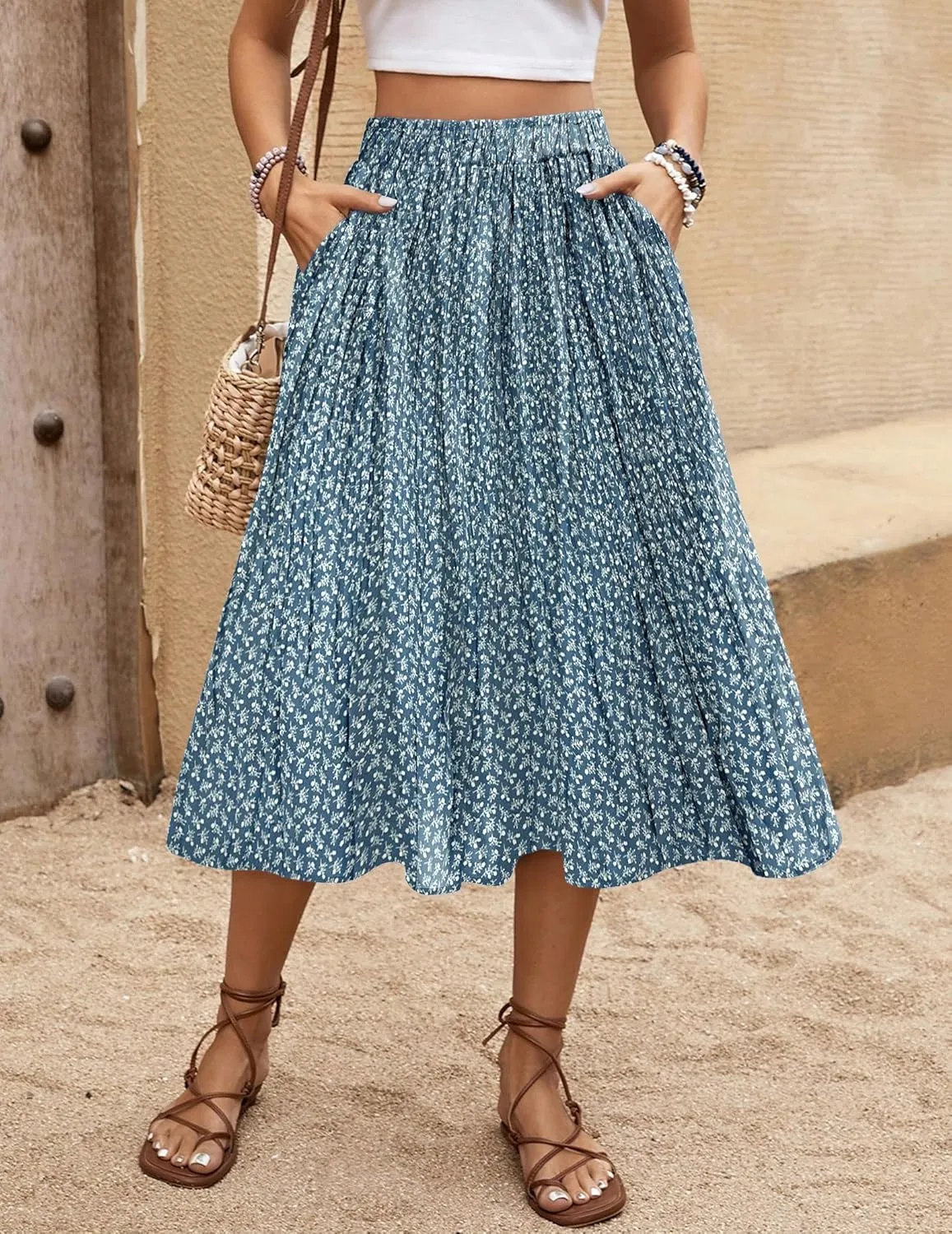 Zeagoo Women's Midi Skirts High Waisted Pleated A-Line Swing Skirts Summer Floral Long Skirts with Pockets