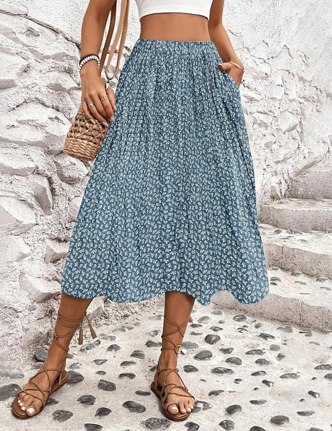 Zeagoo Women's Midi Skirts High Waisted Pleated A-Line Swing Skirts Summer Floral Long Skirts with Pockets