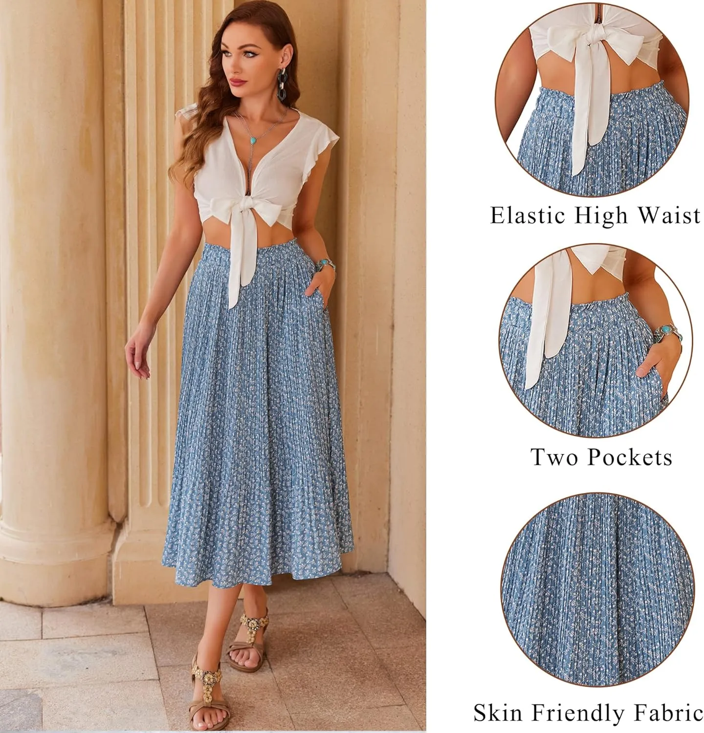 Zeagoo Women's Midi Skirts High Waisted Pleated A-Line Swing Skirts Summer Floral Long Skirts with Pockets